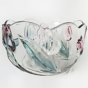 Mikasa Serving Bowl, Vtg 1990s Glass, Tivoli Blue And Pink Tulips, 8.25 Inches